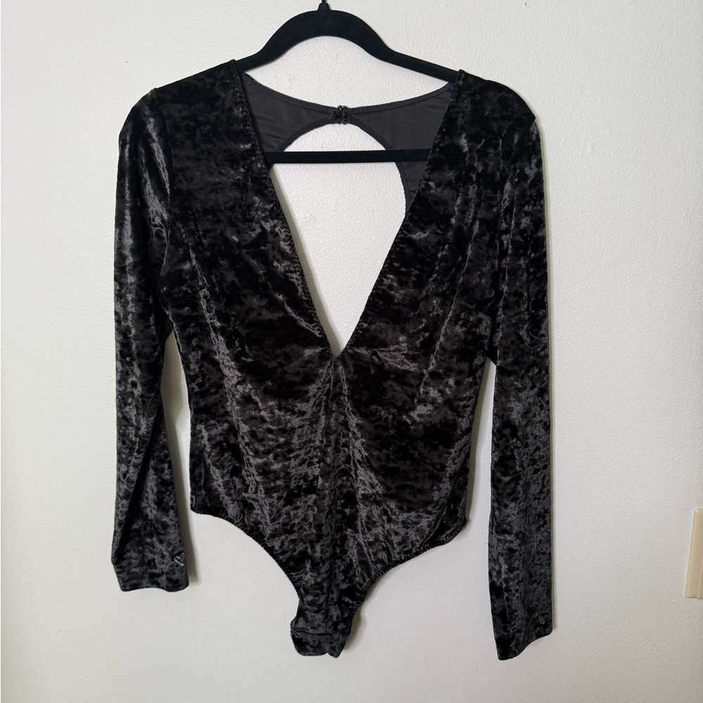 Black Velvet Thong Open Back Bodysuit